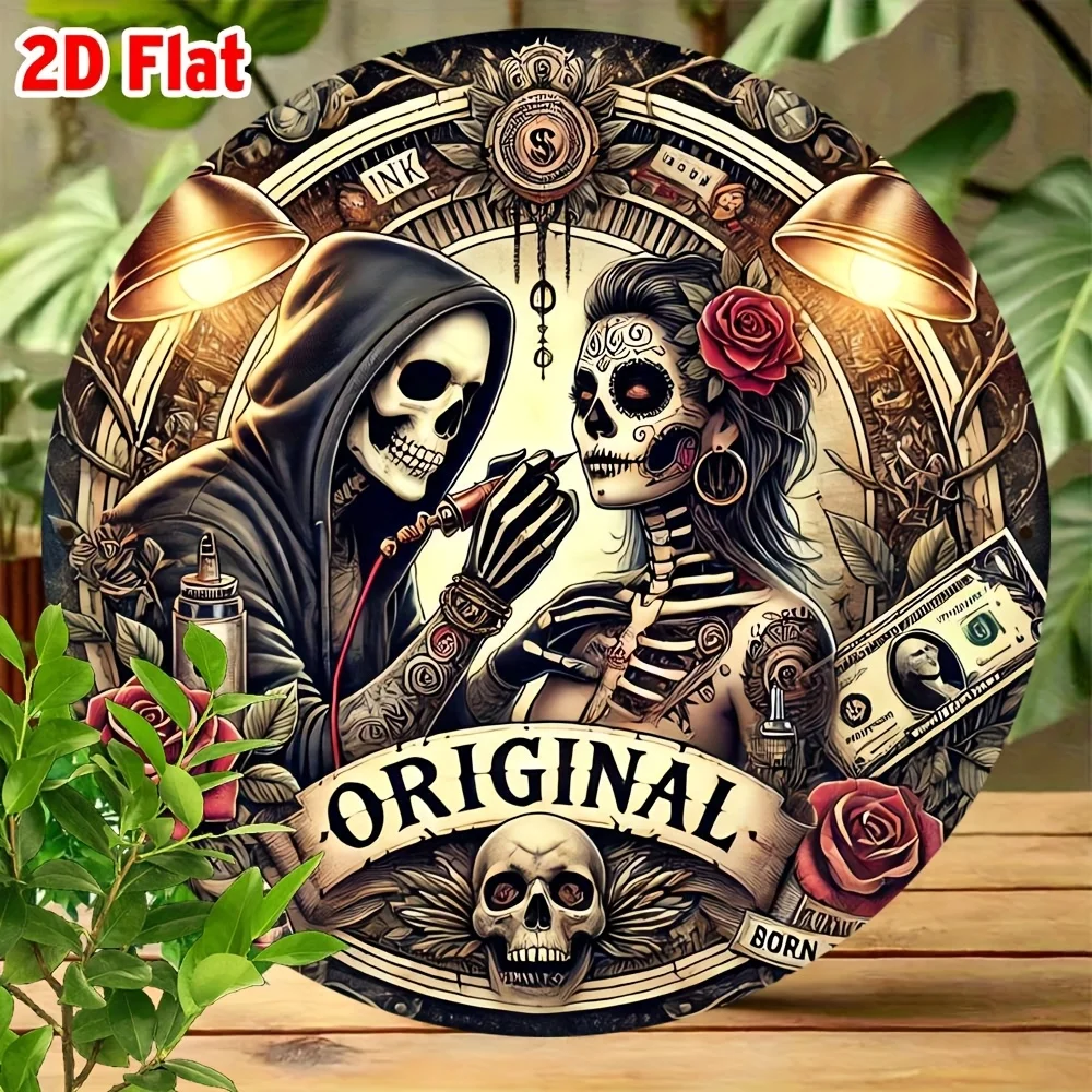 2D flat Round Metal Tin Sign Grim Reaper Tattoo Artist Sugar Skull Rose Gothic Art Man Cave Wall Hanging Decor 7.87x7.87 Inch