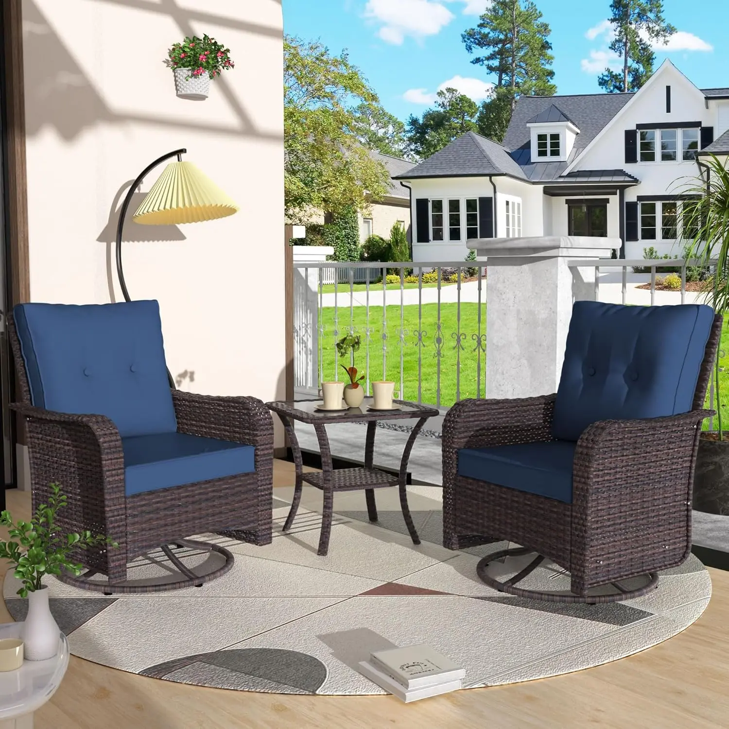 

3 Pieces Outdoor Swivel Rocker Wicker Chairs,Patio Rocking Chairs with Coffee Table&Thick Cushions Patio Furniture Sets