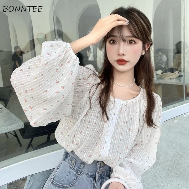 Blouses Women Cute Girlish Feminino Loose Lantern Sleeve Summer Sweet Floral Korean Style Gentle Design Chiffon Ins Daily Teens