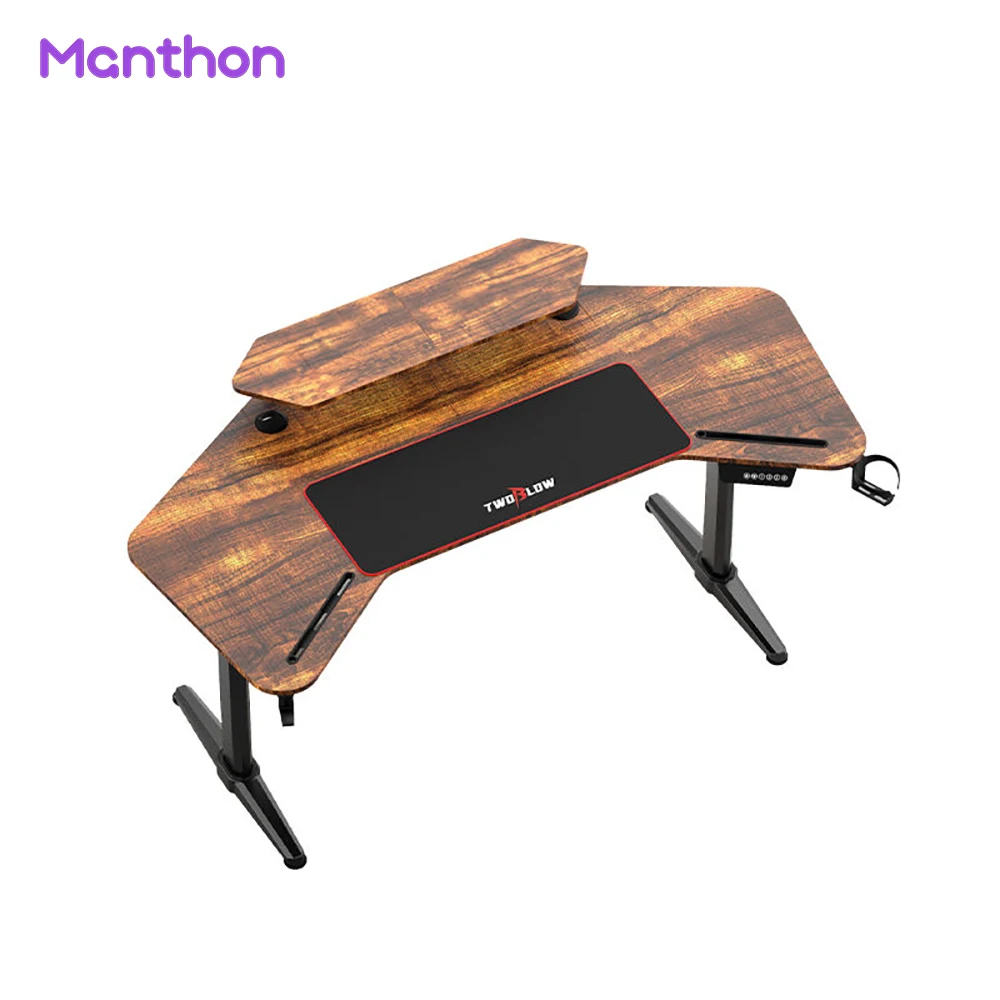 Wood Grain Standing Electrical Height Adjustable Home Office Writing Computer Desk With Water Cup Ergonomic Table Gaming Desk