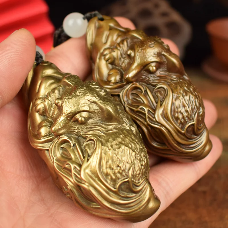 Solid Brass Nine-Tailed Fox Love Charm Handheld Craft Collectible Ornament