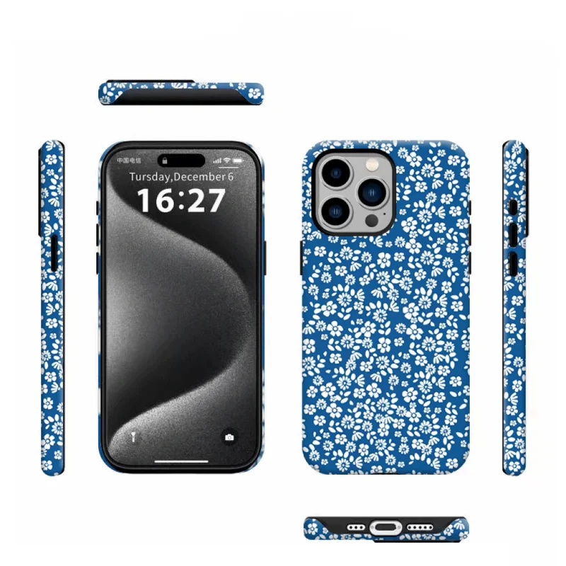 INS Retro Blue Small Floral Fragments  Case for IPhone 16 15 14 13 Pro Max 12 11 Pro Plus SE2 XR XS Shockproof Ultra Thin Cover