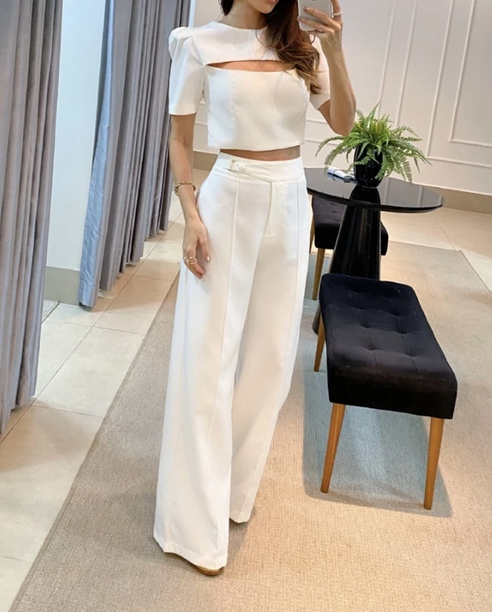 

Two Piece Set Women Outfit 2025 Summern New Solid Color Puff Sleeve Cutout Crop Top & High Waist Casual Wide Leg Pants Set