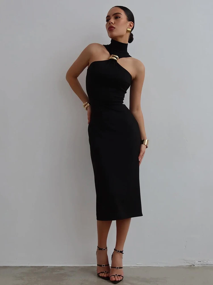 Vestido elegante de nudos de Metal para mujer, vestido Sexy de verano, sin mangas, sin mangas, plisado, cuello alto, fiesta de fiesta