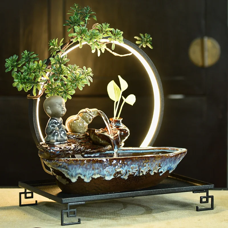 

Lamp Creative Circulating Tabletop Fountains Waterfalls Ceramic Feng Shui Home Decoration LED Night Light