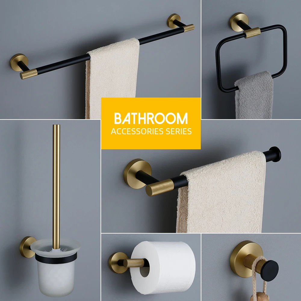 Towel rack Wall Mounted Towel Rack Brushed Gold Paper Holder& Matte Black Hook Knurled and Combined Colors Toilet Brush Holder