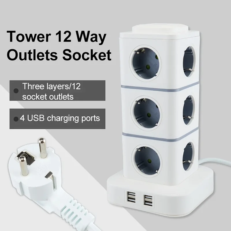 Вертикальный сетевой фильтр Tower с 12 розетками, вилкой стандарта ЕС, 4 USB-портами, защитой от перегрузки и выключателем, 220В 10А