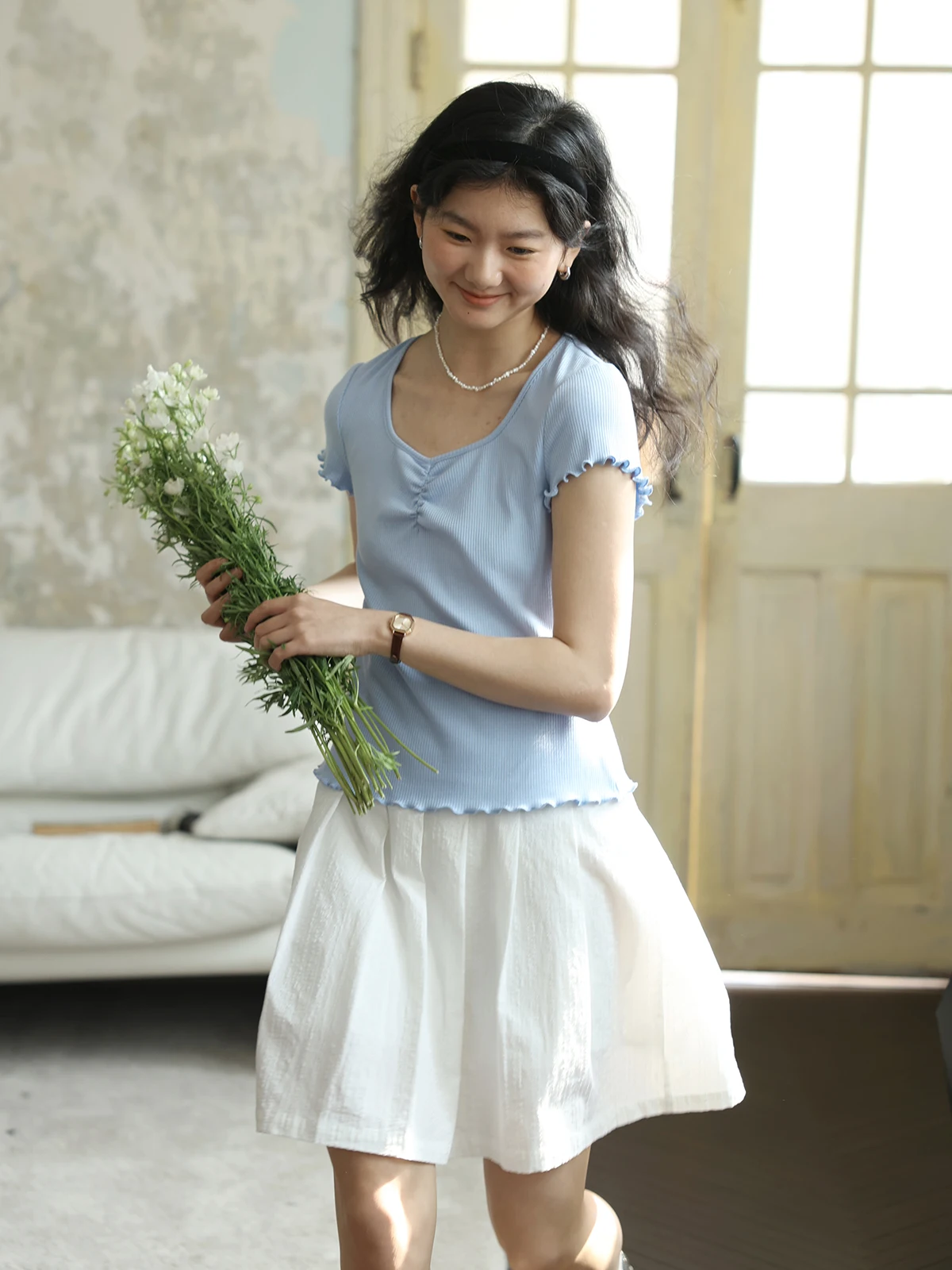 

Solighter Retro Striped ort Sve Knitted Slim Fit Women's T-irt Summer New Sle U-Neline Cotton Blend Elastic Fiber