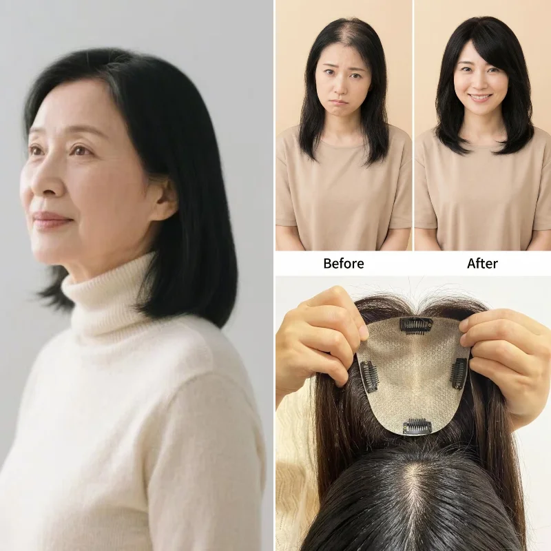 シルクトップ女性用ヘアピース人毛ミドルパート25cm-30cm-35cm-部分的頭頂部カバー用