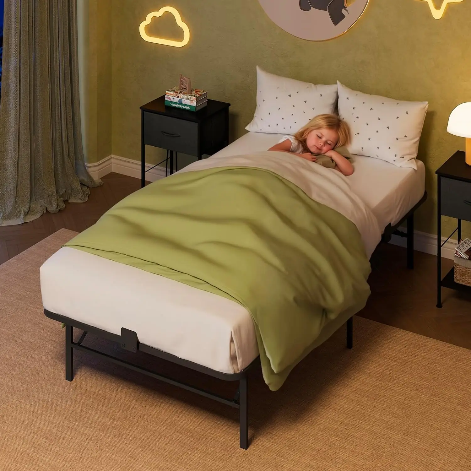 Base de Cama Doble Plegable de Metal con Láminas de Acero Resistentes, Sin Somier, Fácil Montaje, Sin Ruido, Negra, Personalizable