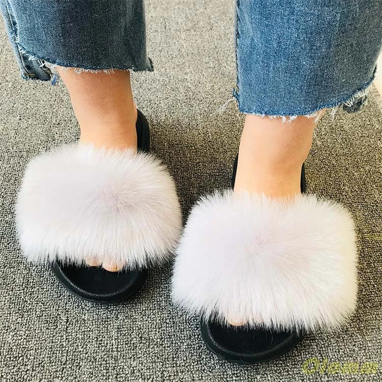 Women\'s Summer Flat Slippers Genuine Fox Fur Slippers Women\'s Thick Hair Slippers Non-slip Indoor Slippers Silver Sole