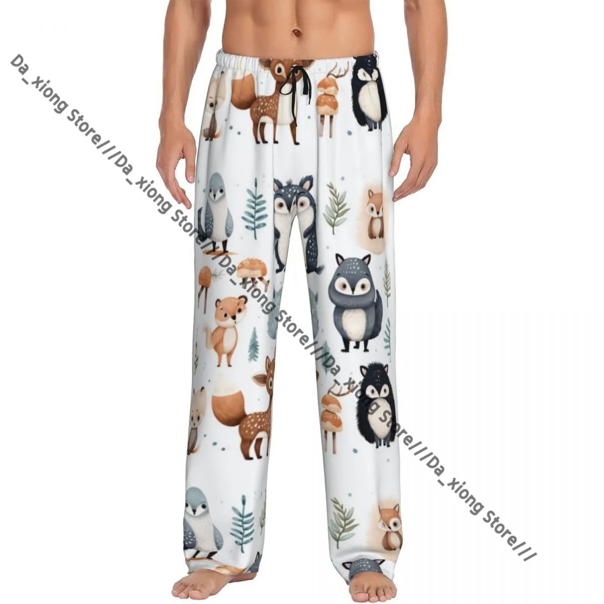 Mens Casual Pajama Long Pant Loose Elastic Waistband Cute Forest Animals Collection Cozy Sleepwear Home Lounge Pants