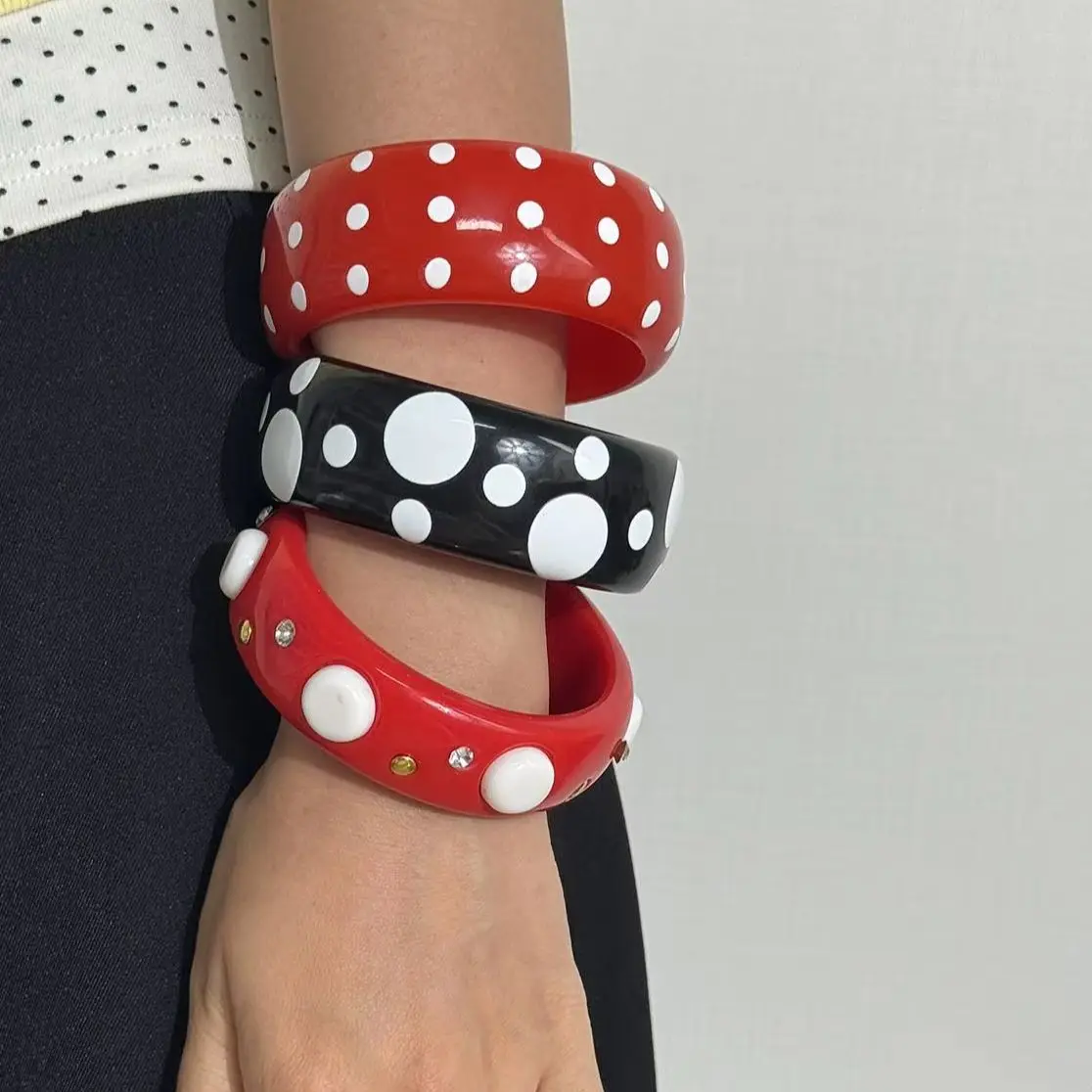 Women Polka Dot Resin Bangle Set Resin Rhinestone Stackable Bracelets Vintage European Style Birthday Gift Fashion Jewelry NEW