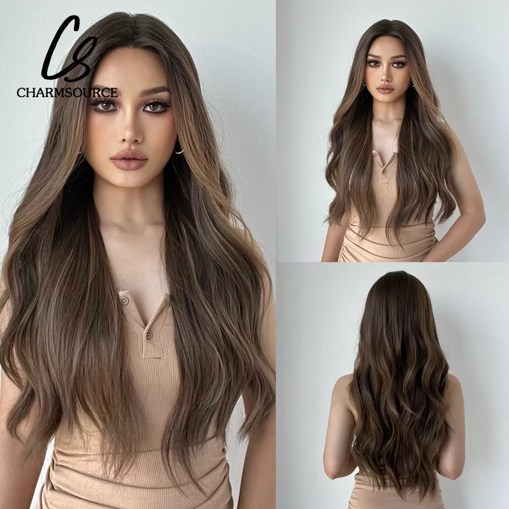 

CharmSource Ombre Brown Long Natural Wavy Wigs Synthetic Lace Front Wig for Women Hair Party Daily Cosplay Reat Resistant Fiber