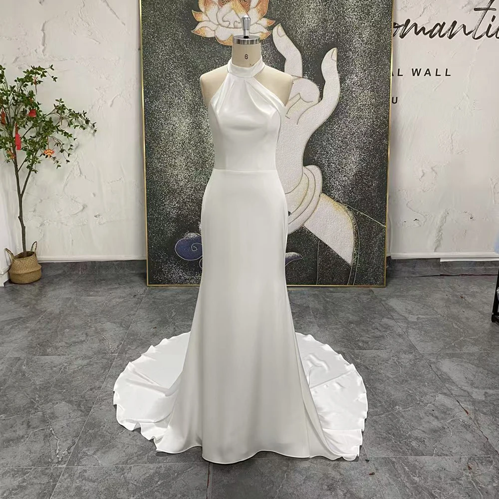 Bohemian Satin Wedding Dress Sleeveless Halter Customized Beach Boho A Line Bridal Gowns Backless Vestido De Novia