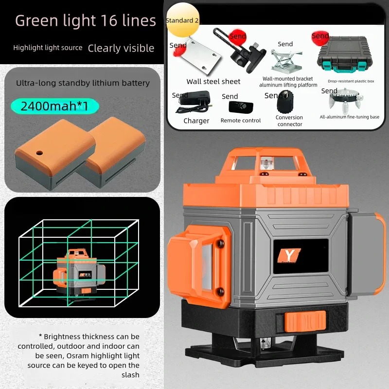 12/16 linii poziom lasera 3D/4D zielona linia samopoziomująca 360° Pozioma i pionowa krzyżowa potężna poziomica laserowa z zieloną wiązką