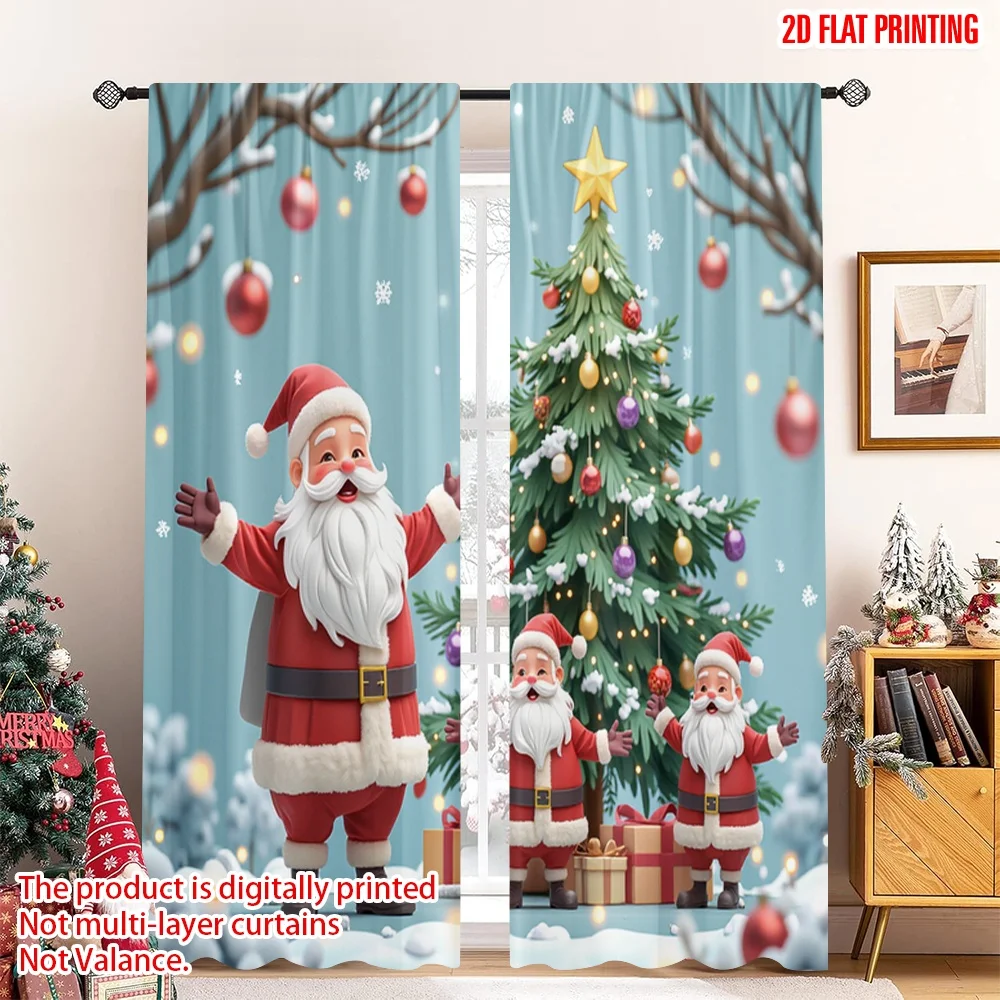 

2pcs 2D flat printing Christmas Curtain Cute Santa Claus Christmas Tree Gifts Fabric Without Electricity Festive Curtains Use