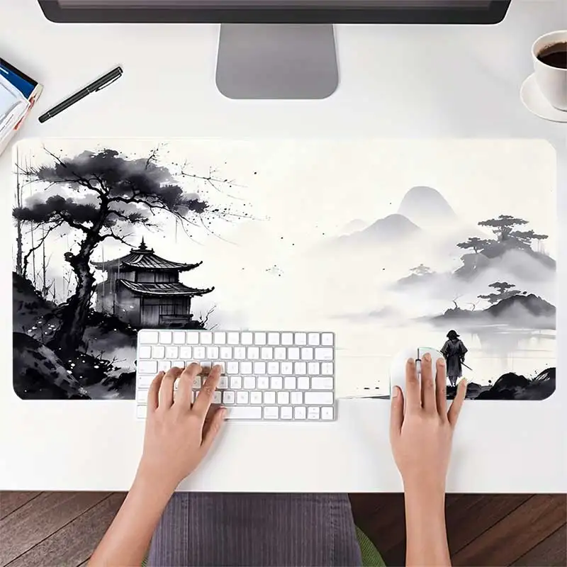 Japanese Ink Wash Samurai Landscape Mouse Pad Non-slip Rubber Base Gaming Desk Mat Washable Pads for Game & Office Room Decor
