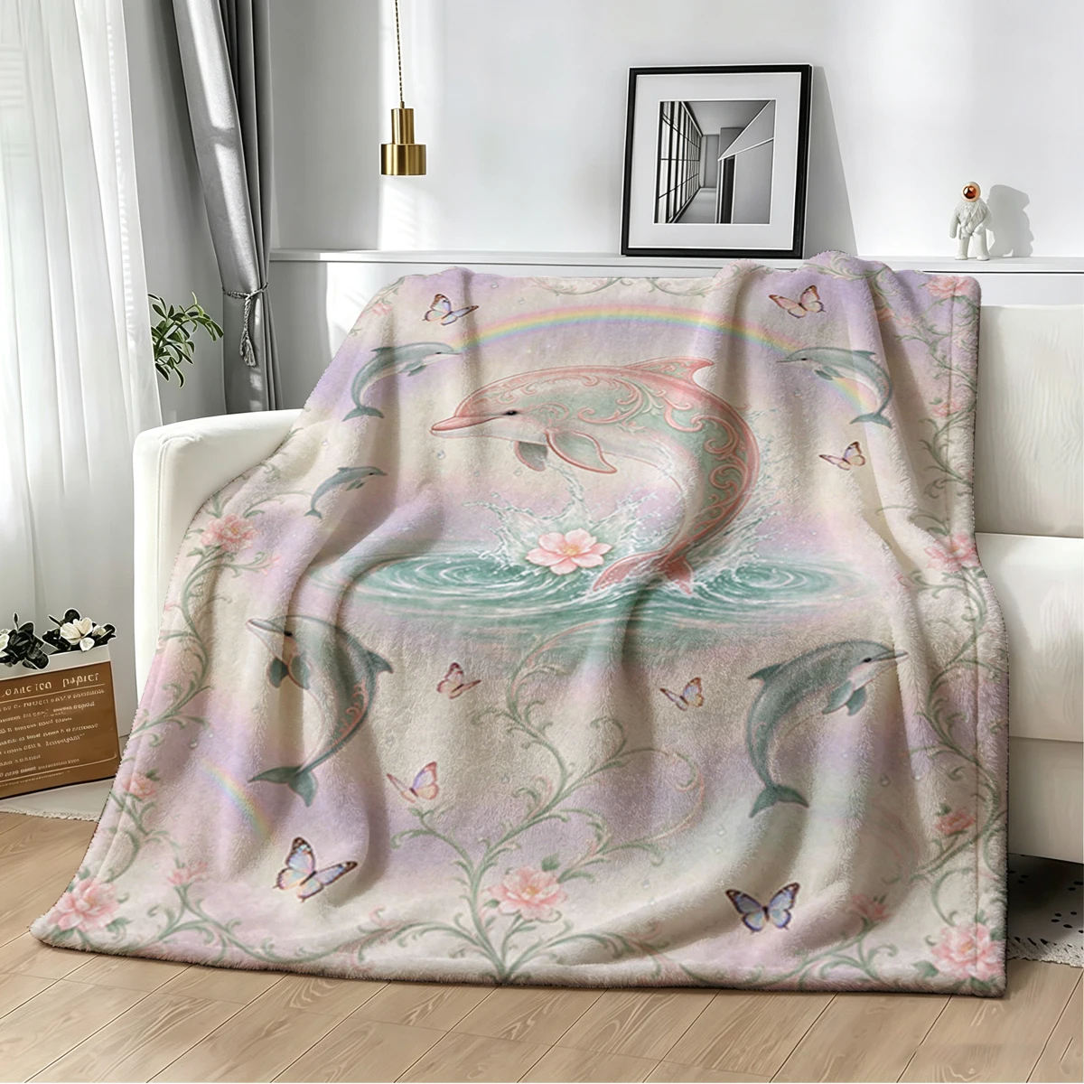 Dolphin Scroll Pearl Repeat Flannel Blanket Warm Soft Halloween Christmas Decorative Couch Warm Cozy All-Season Gift