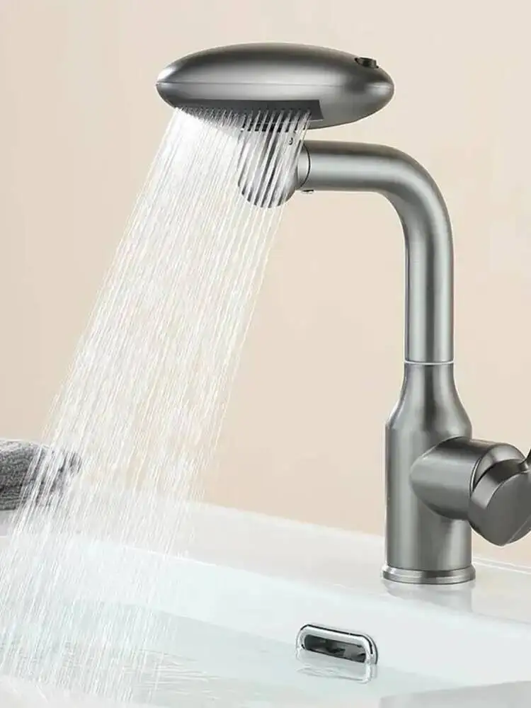 Bassin cascade multifonctionnel, 4 modes de sortie, robinet de pulvérisation 360 ° Rotation, mitigeur d'évier d'eau chaude et froide pour salle de bain