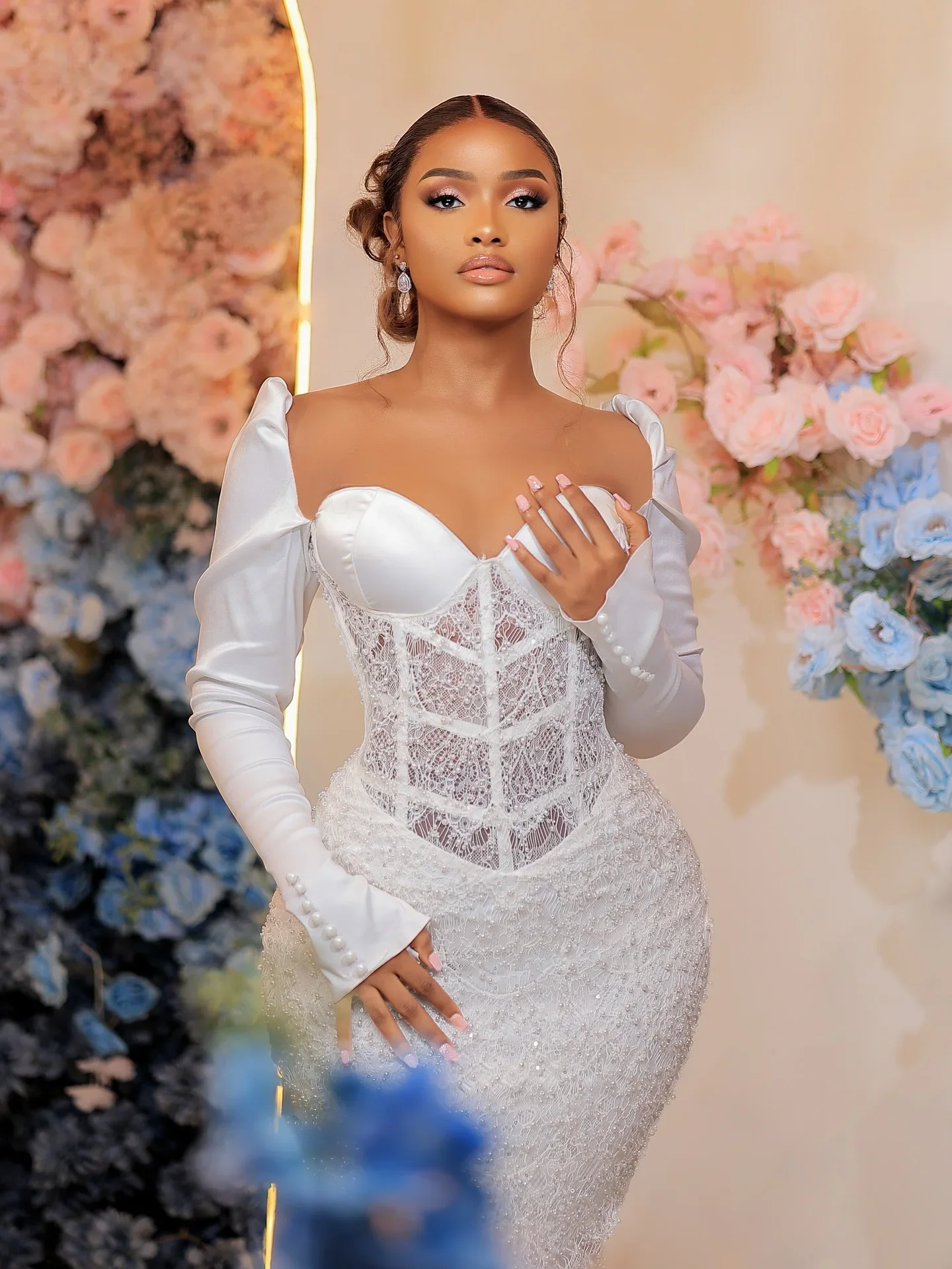 

White Pearls Beaded African Bridal Dress Lace Corset Aso Ebi Wedding Reception Birthday Party Dress 2026
