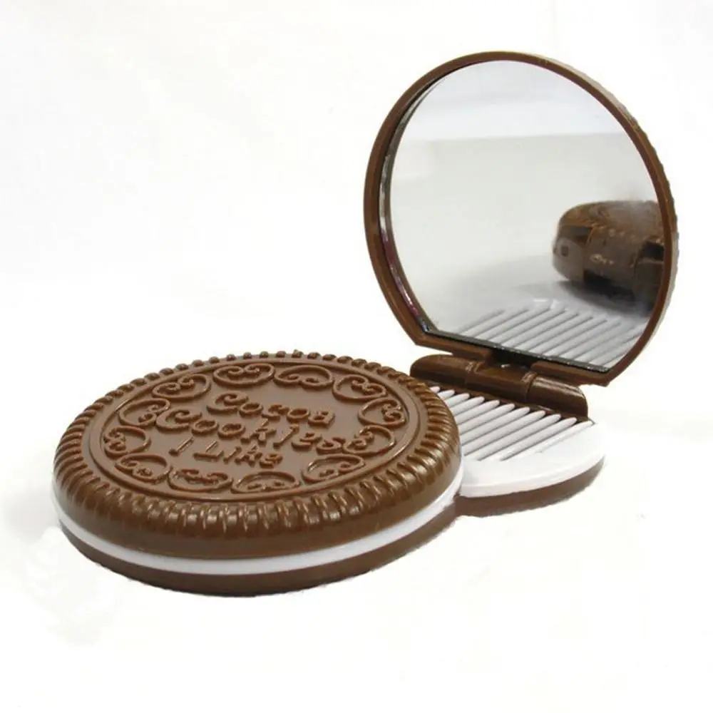 Mini 2 in 1 Comb Mirror Set Folding Comb Pocket Mirror Makeup Mirror with Comb Set Cute Portable Chocolate Cookie Shaped