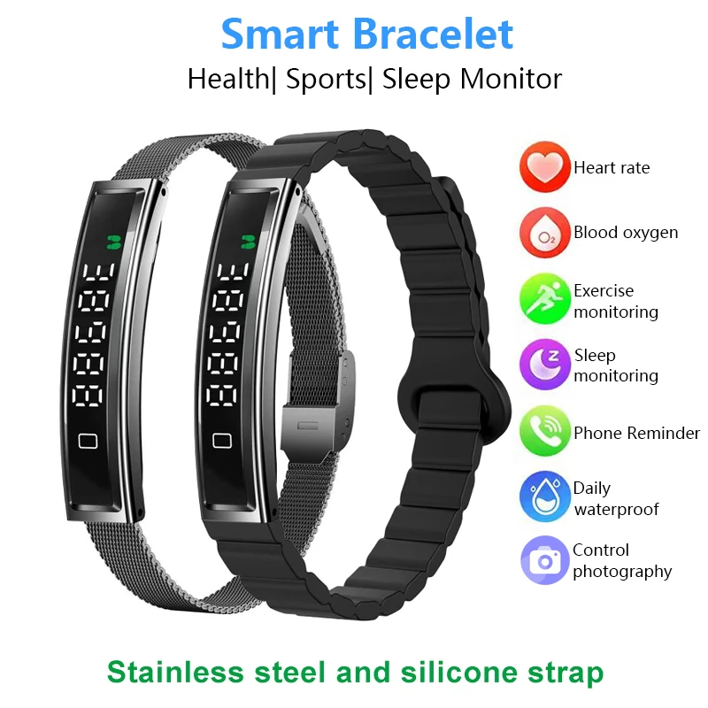 

Умный браслет, мониторинг сердечного ритма, кислорода в крови, сна, многофункциональные часы с нержавеющей сталью и силиконовым ремешком