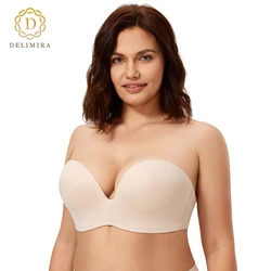 DELIMIRA Strapless Bras For Women Plus Size Push Up Invisible Silicone Bra Sticky Lined Lift Support Seamless Plunge D DD E F