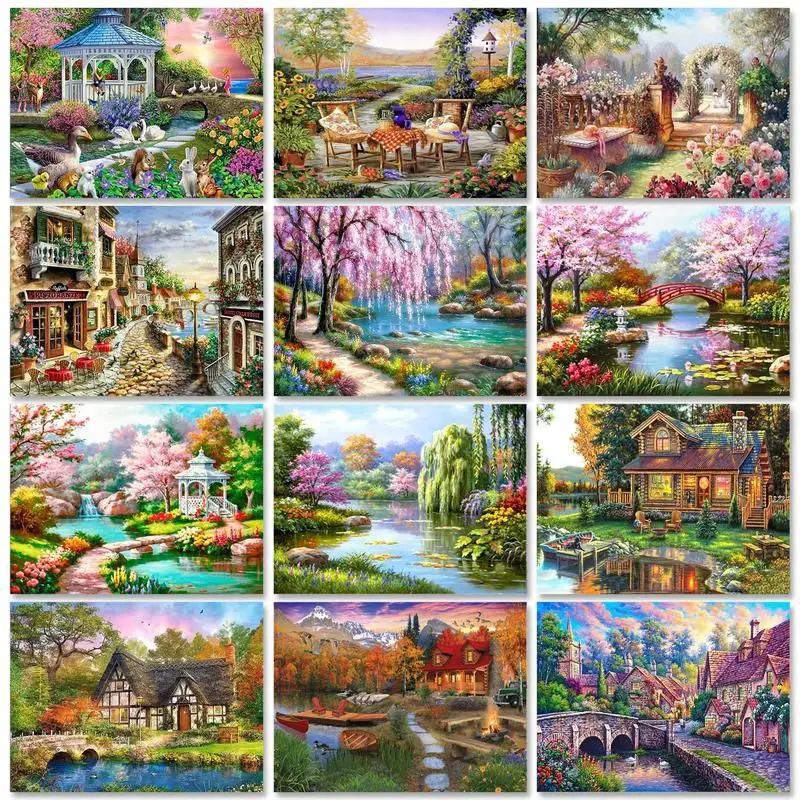 RUOPOTY Garden Picture Diy Diamond Painting With Frame Embroidery Landscape Rhinestone Cross Stitch Set For Home Decors