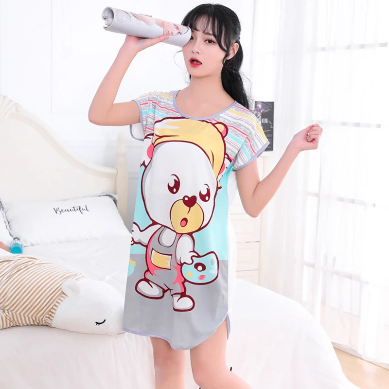 Women Printed Cartoon Sexy Sleepwear Round Neck Lingerie Cute Nightdress One Piece Thin Summer Female Pajamas Nighty Home Wear