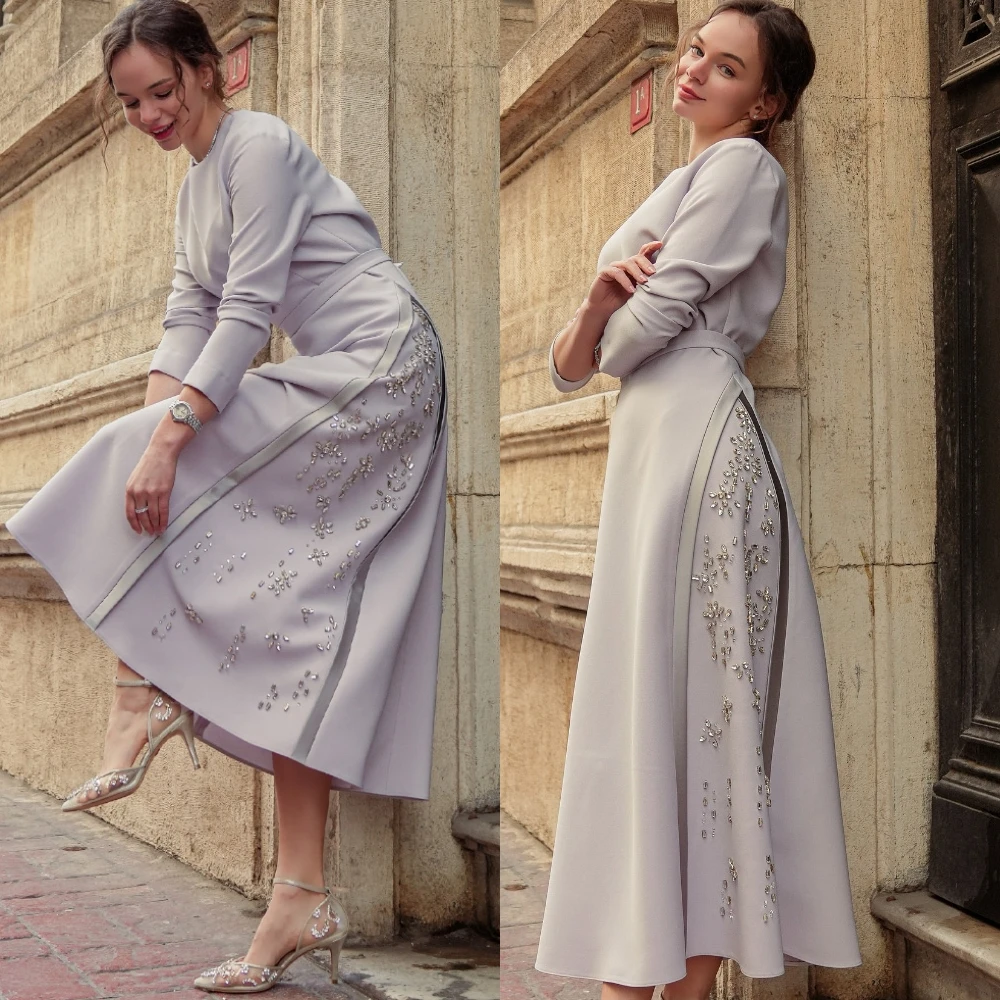 

Customized Delicate O-Neck Evening Dress Elegant Jersey Long Sleeves Cocktail Dress Luxury Beading Special Occasion Gowns