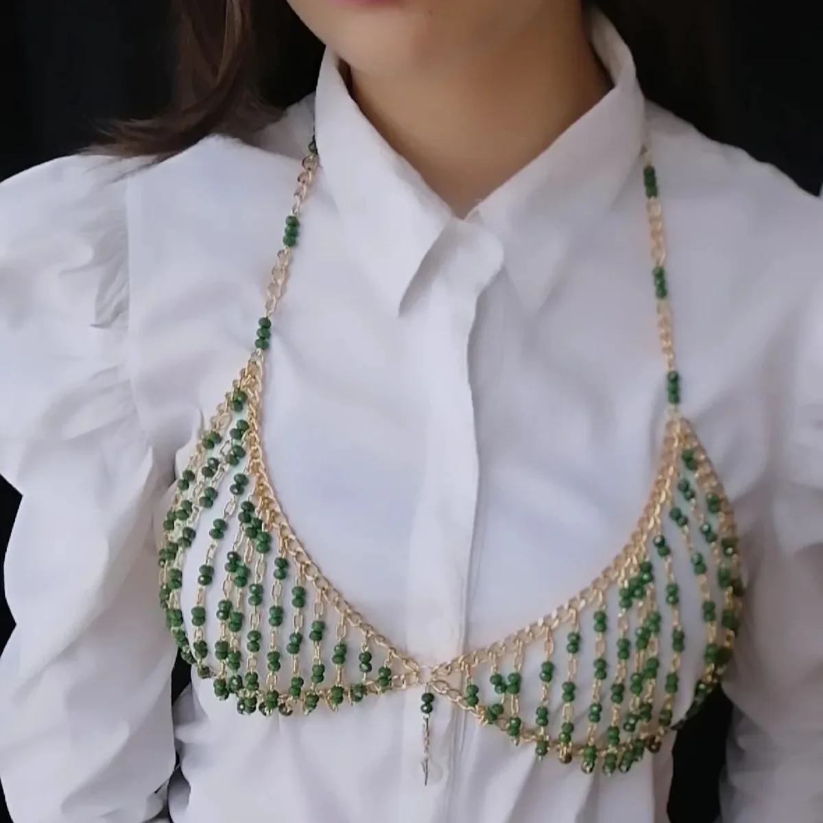Handmade Sequin Festival Body Chain Jewelry Red and Green Crystal Beaded Bra for Nightclub Party Women Clothes Accessories