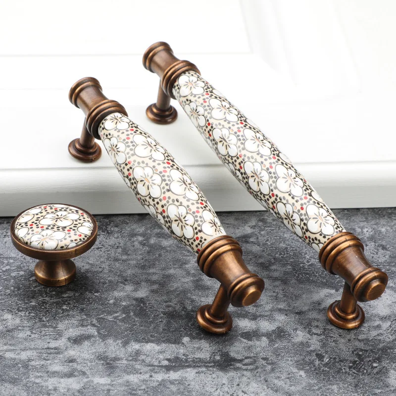 Antique Bronze Ceramic Cabinet Handles Vintage Drawer Knobs Wardrobe Door Handles European Furniture Handle Hardware
