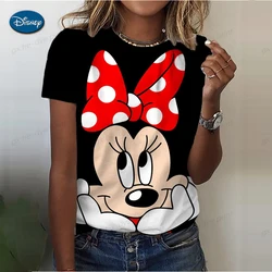 Disney-Camiseta feminina de Mickey e Minnie Mouse, blusa de manga curta, roupa casual, moda kawaii, verão