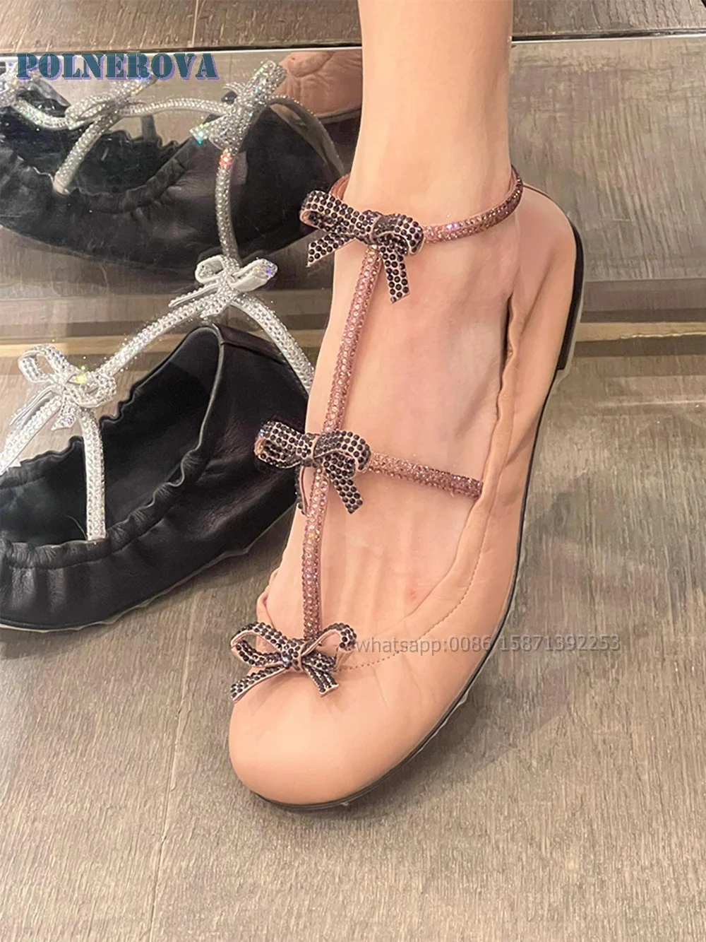 Bowknot Rhinestone T-Tied Shallow Pumps Round Toe Square Heel One Word Buckle Ballet Shoes Pleated Solid Casual Mary Janes 2024