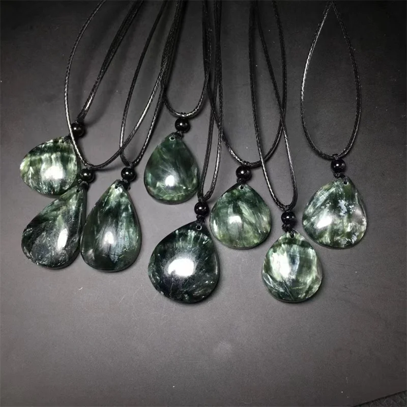 Natural Seraphinite Teardrop Pendant Black Cord Rope Reiki Healing Stone Fashion Jewelry For Women Men Gift