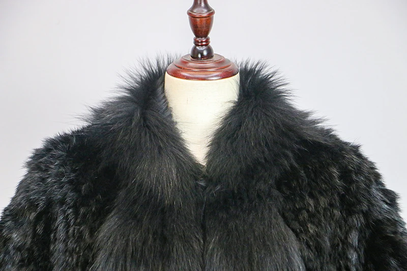 New Extra Long Real Genuine Natural Knitted Rabbit Fur Shawl Coat with Fox Fur Collar Women's Fashion Knit Jacket Cape