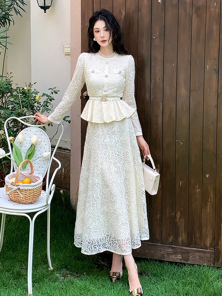 ملابس نسائية حلوة من الدانتيل مُزينة بنقشة الزهور أنيقة للسيدات مكشكشة ورقبة دائرية طقم مكون من قطعتين مع بلوزة وتنورة طويلة على شكل حرف a ملابس خروج خريف جديد