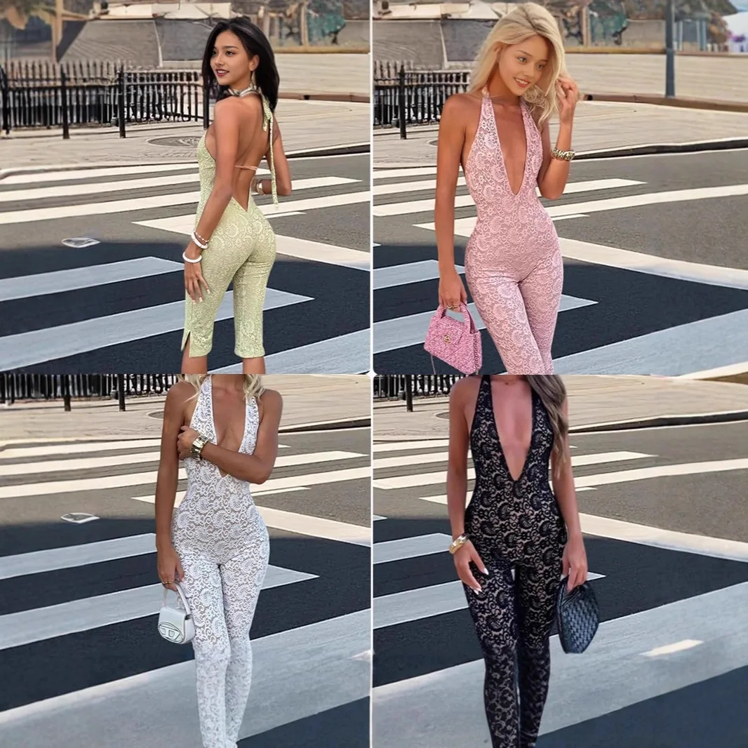 

Coolgirlslook Sexy Jumpsuit Women Halter Deep V Backless Lace Bodycon Stretch Capri Length Date Night Clubwear Hottie Romper