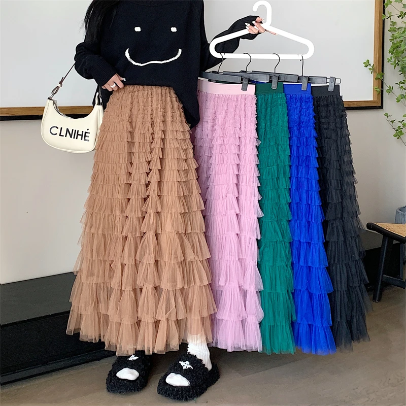 Women Chic Long A-line Skirt In Black Pink Khaki Blue Students Y2k Korean Fashion Femme Summer 2024 On Trend Midi Skirts Length