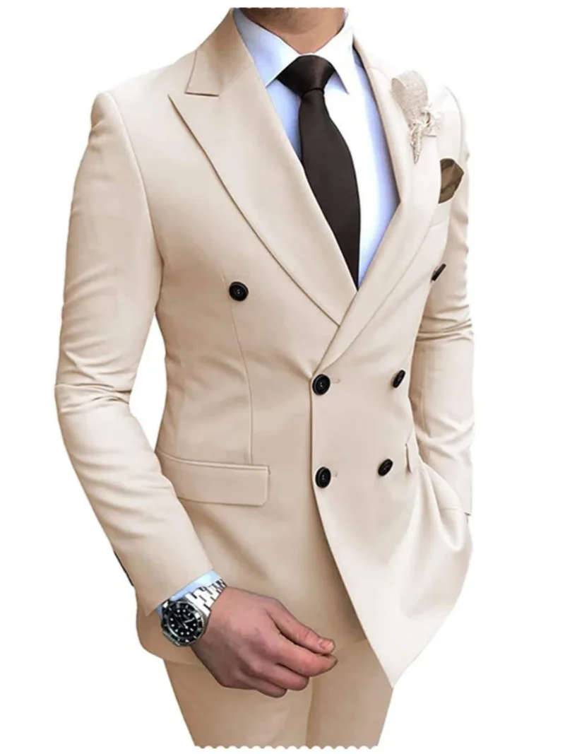 2 Pieces  2022 New Beige Men's Suit Double-Breasted Notch Lapel Flat Slim Fit Casual Tuxedos For Wedding(Blazer+Pants)