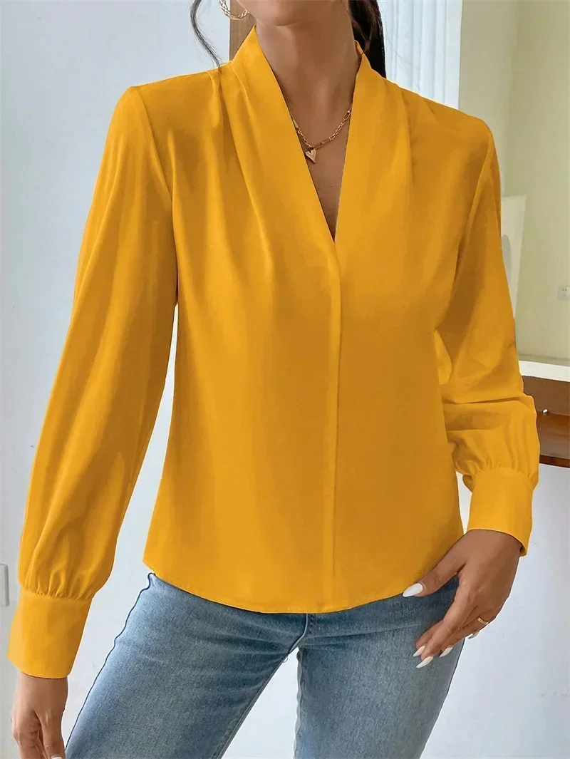 Autumn Long Sleeve V Neck Pullover Shirt Women Elegant British Style Commuter Tops Solid Color Comfortable Casual Female Blouse
