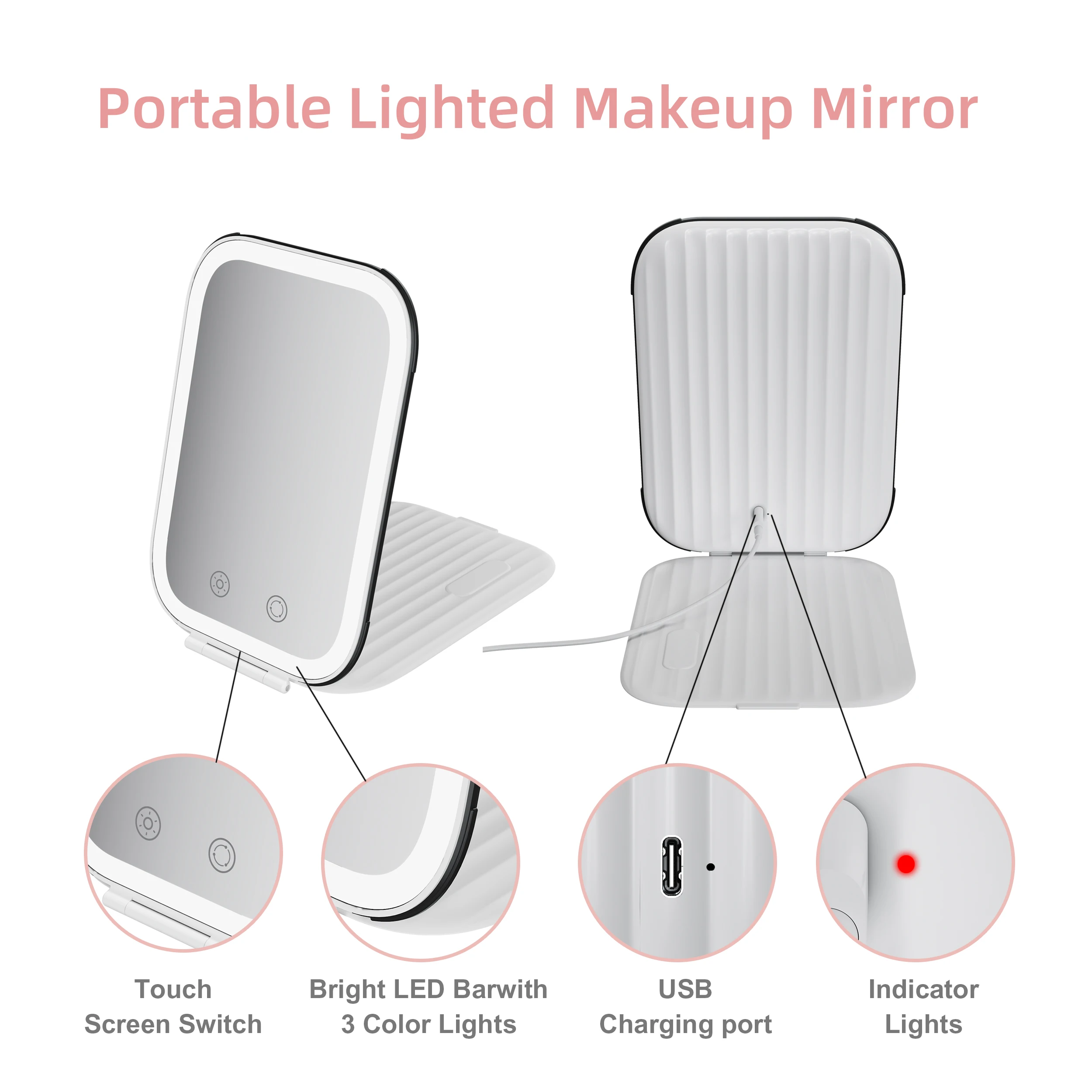 Custom logo light up rechargeable lithium battery fold lighted portable led makeup travel mirror with light