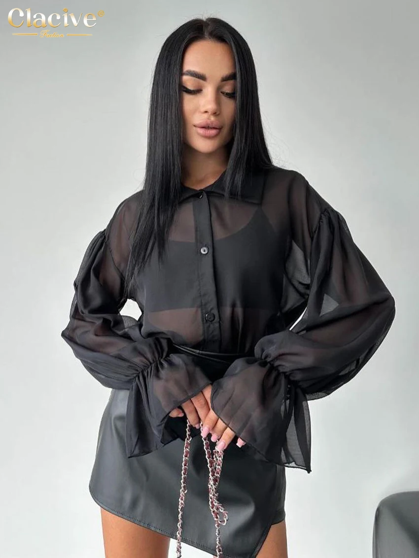 

Clacive Fashion Loose Black Women's Blouse 2025 Casual Lapel Long Sleeve Shirts Elegant Classic See Through Top Female Clothing