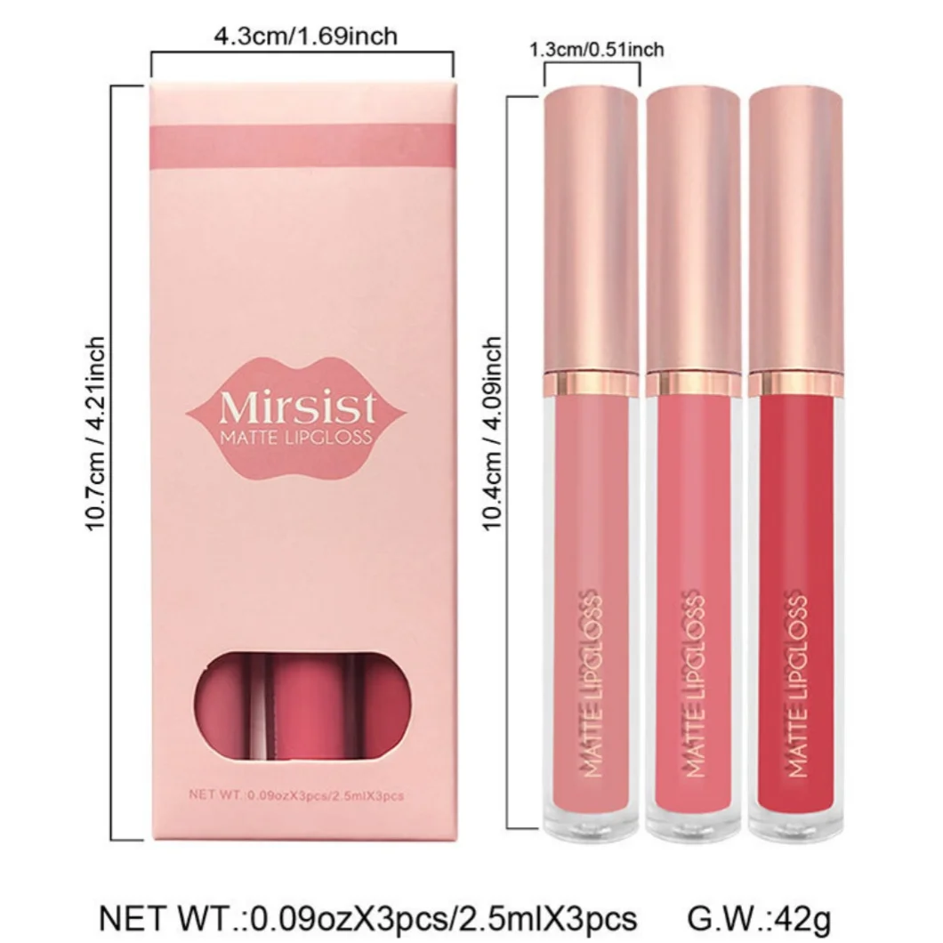Set di lucidalabbra idratanti da 3 pezzi Velluto opaco Non appiccicoso Smalto per labbra rosso a lunga durata Impermeabile Non sbiadisce Rossetto liquido Trucco
