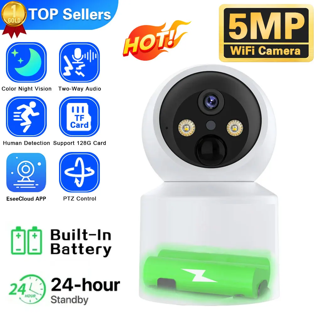 

WiFi IP Camera 5MP Baby Monitoring Built-in Battery Wireless PTZ HD Human Detection Camera Home Secuiry Surveillance Video ccam
