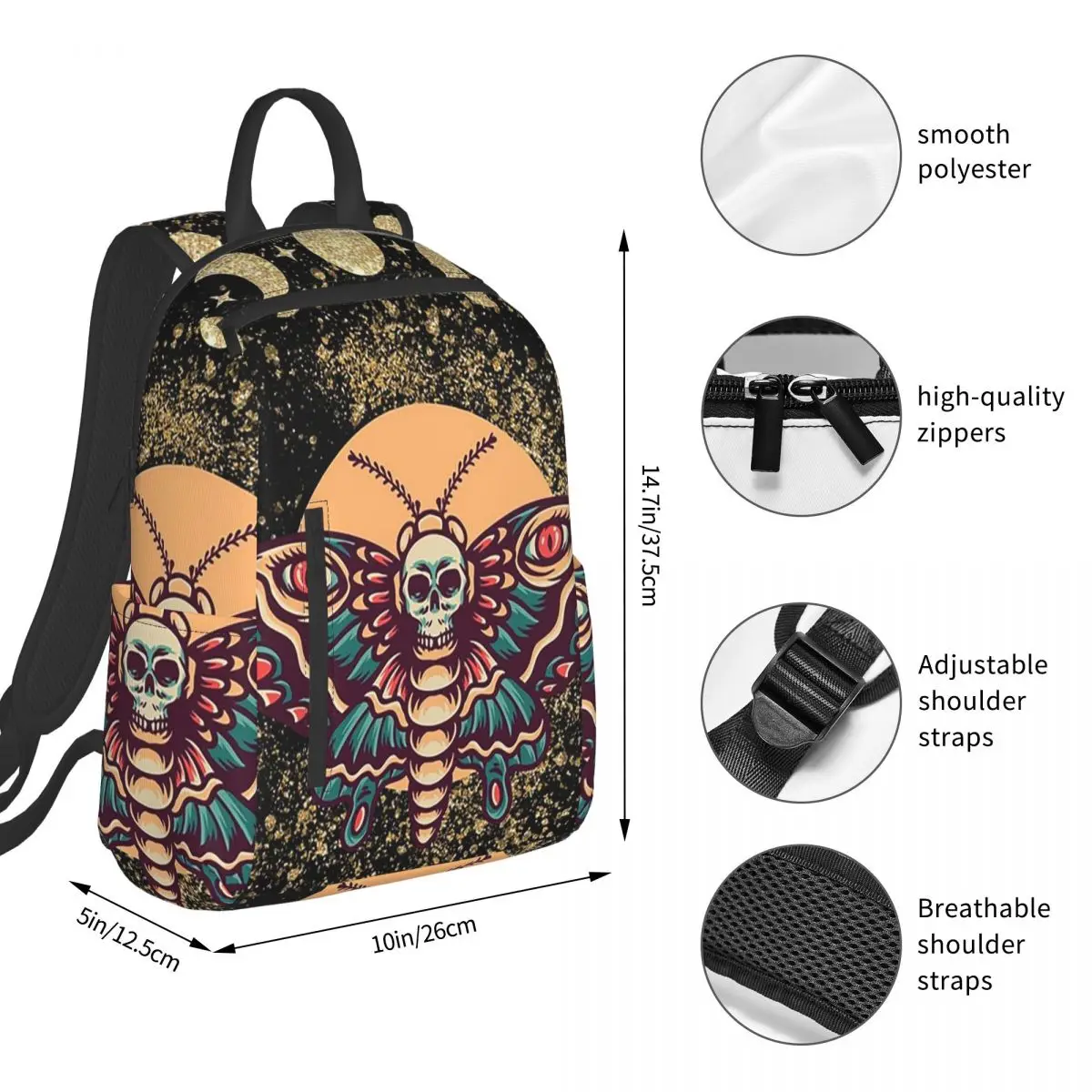 Gothic Moth And Skull Starry Night Backpack Student BookBag Children School Bag Laptop Shoulder Bags Men Women