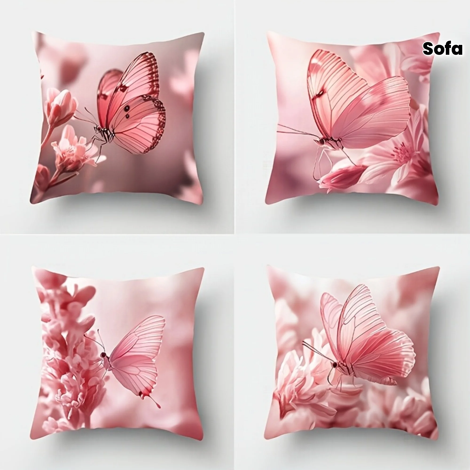 4pcs Pink Butterfly Floral Pillow Covers Comfortable Fashionable Zipper Cushion Cases for Sofa Bedroom Home Decor Insert Not