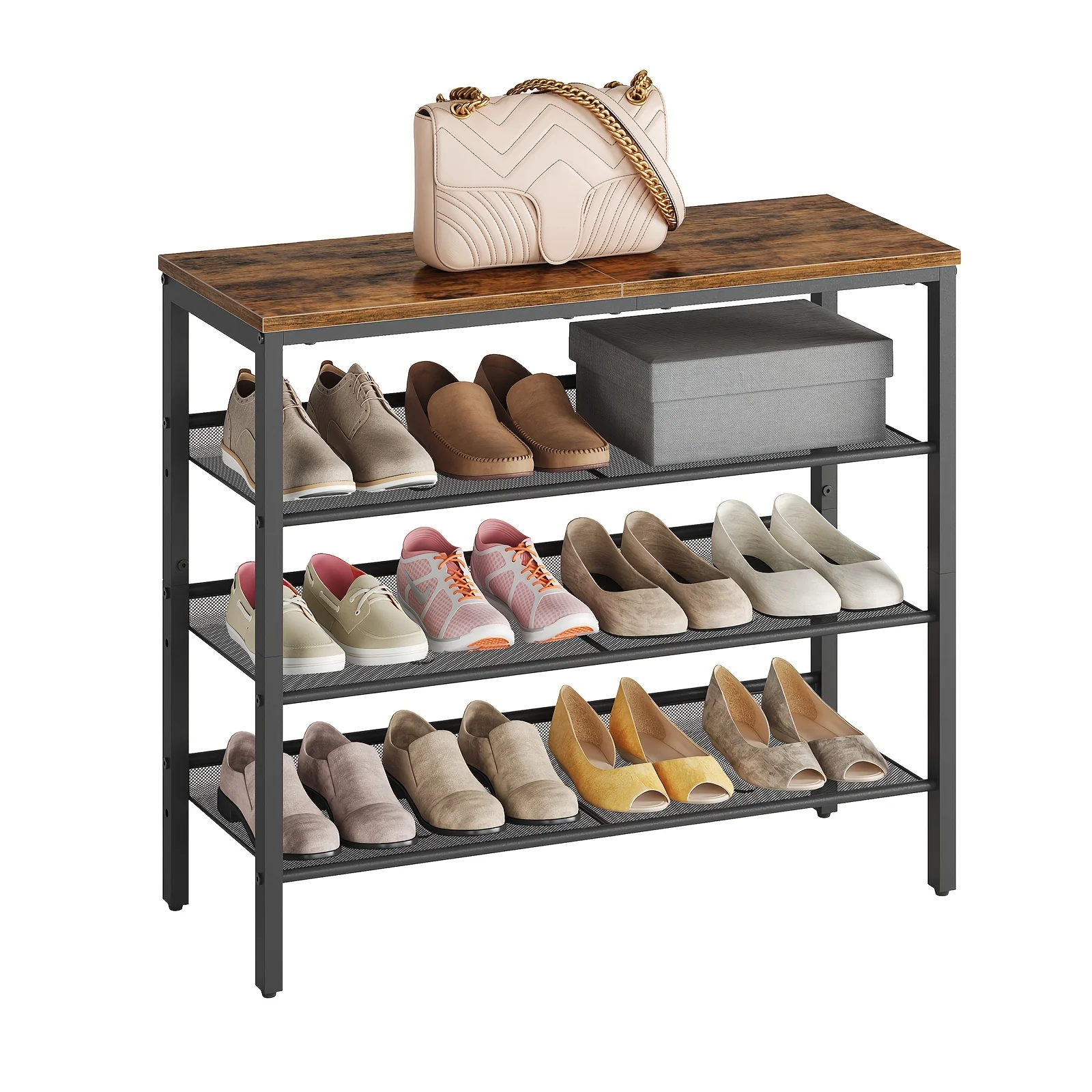 

Retro Brown Entrance Shoe Rack, 4-Tier Shoe Storage Rack with Adjustable Grid, Can Hold 12-16 Pairs of Shoes, Spacious Floor