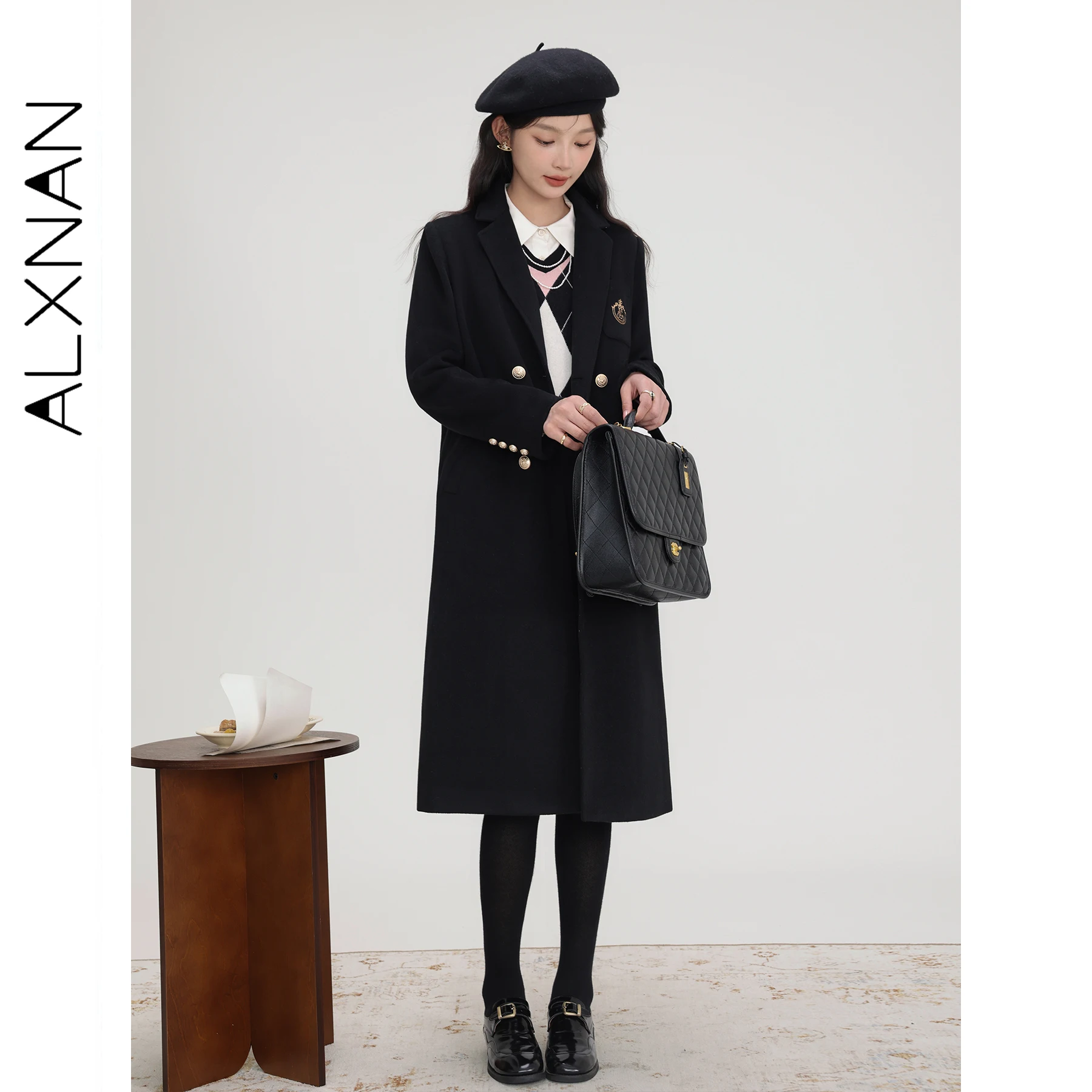 ALXNAN Women's Coats 2025 Autumn Winter Black Single-faced Woolen Overcoat Elegant Long Thickened Office Lady Clothes LXN31906